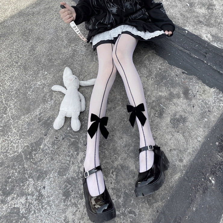 White / Black Velvet Bowknot Front Tights