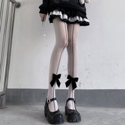 White / Black Velvet Bowknot Front Tights