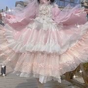 Pink Sakura Stand Collar Sweet One Piece Set Cherry Blossom Hem