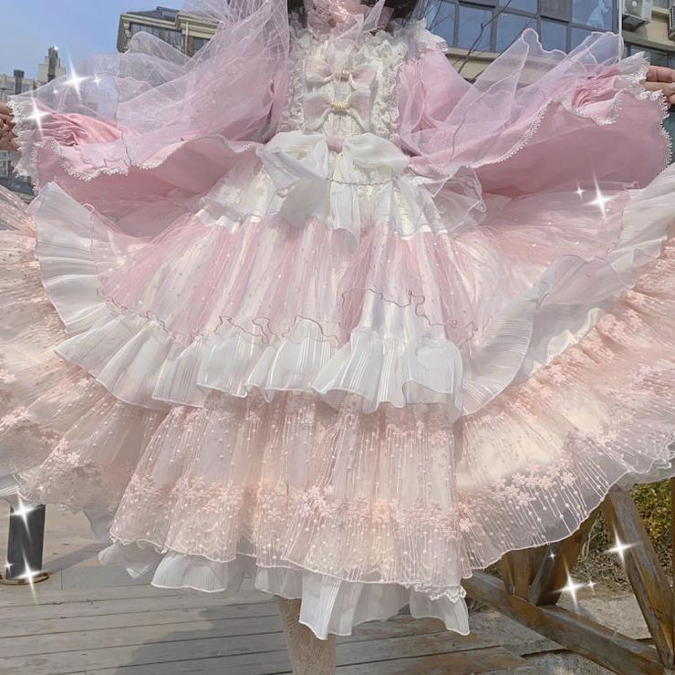 Pink Sakura Stand Collar Sweet One Piece Set Cherry Blossom Hem