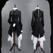 Clearance-Size M for Bust 94CM Black and White Gothic Ouji Lolita Long Sleeves Top + Jabot + Corset belt Set