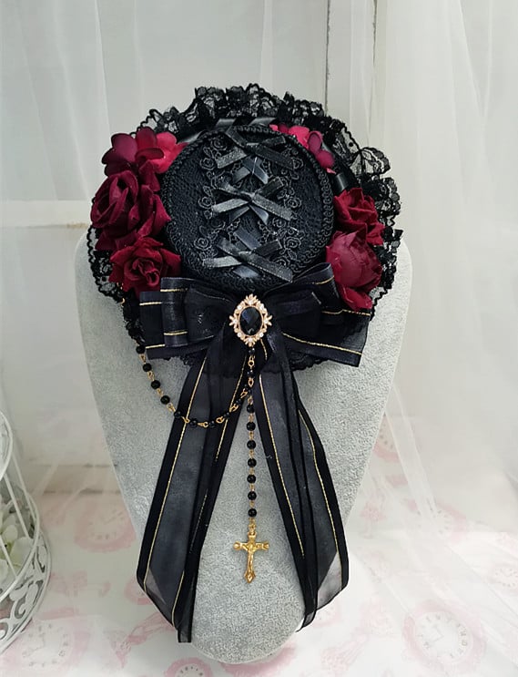 Handmade Elegant Gothic Cross Bowknot Mini Flat Hat with Hairclip