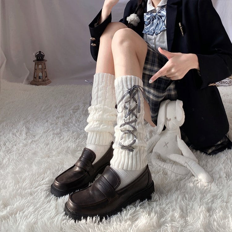 White JK Lace-up Knitted Lolita Leg Warmers