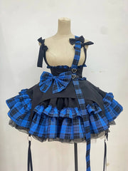 Black and Blue Plaid Pattern Punk Idol Skirt with Straps