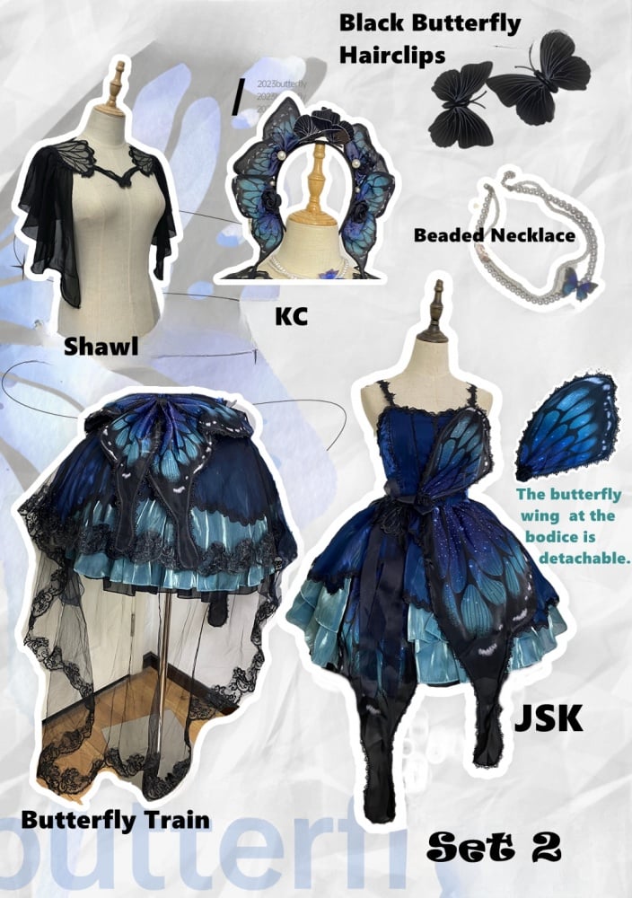 Blue-Green Butterfly Jumper Skirt Full Set Gothic Princess Dress with Butterfly Train