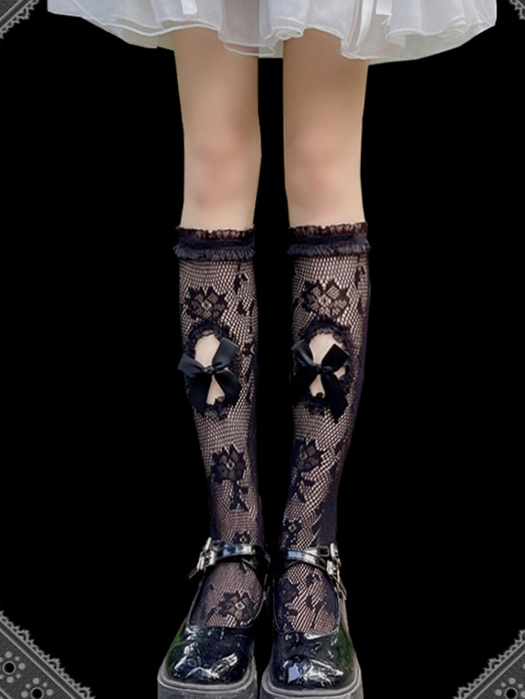 Symmetrical Oval Hallow-out with Bowknots Punk Lolita Stockings