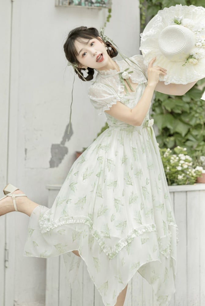 Clearance-Size L for Bust 90-104cm Light Green Lily of the Valley Print Handkerchief Hem Dress + Bolero