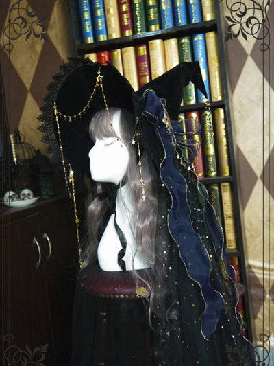 Gorgeous Halloween Fancy Witch Hat with Shiny Veil and Stars Chain