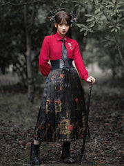 Roses Embroidery Hooded Cloak / Cloak Shirt Skirt Full Set