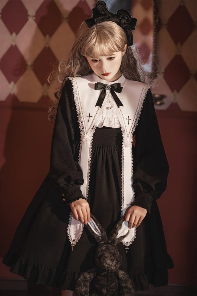 Black and White Cross Embroidery Pointed Collar with Straps One Piece Nun Lolita Costume