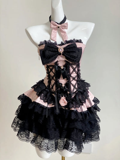 Lace-up Princess Strapless Corset Top / Lace Bloomers Black and Pink