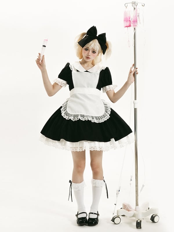 Plus Size Friendly Black Short Version Maid One Piece + Apron