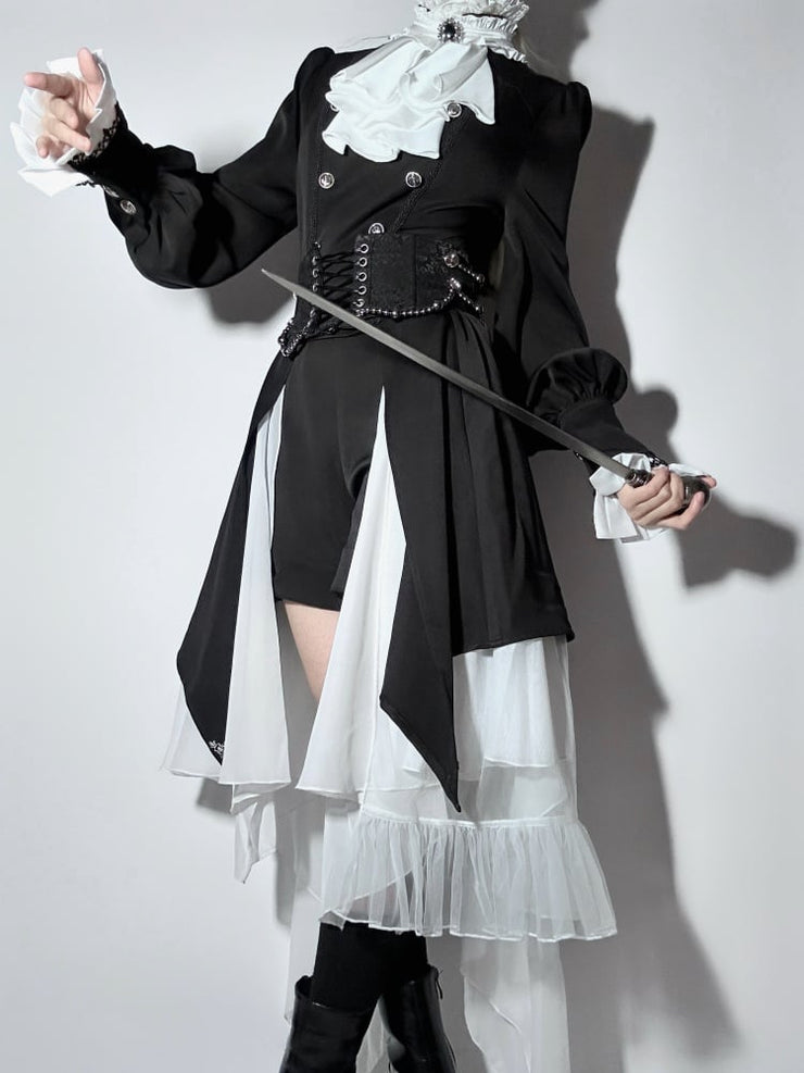 Clearance-Size M for Bust 94CM Black and White Gothic Ouji Lolita Long Sleeves Top + Jabot + Corset belt Set
