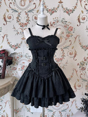 Black Hunter Sweetheart Neck Buckle Straps Basque Waist Tiered Flounce Skirt Jumper Skirt / JSK Bloomers Bolero Set