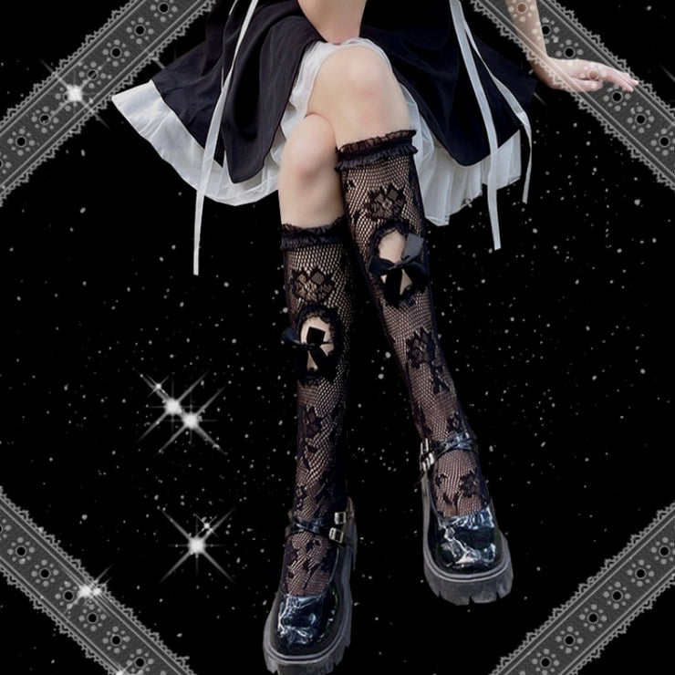 Symmetrical Oval Hallow-out with Bowknots Punk Lolita Stockings