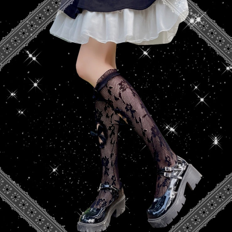 Symmetrical Oval Hallow-out with Bowknots Punk Lolita Stockings