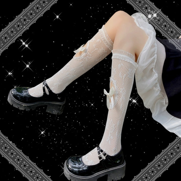 Symmetrical Oval Hallow-out with Bowknots Punk Lolita Stockings