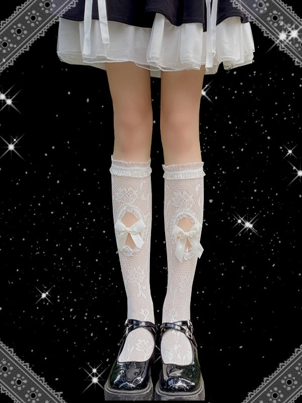 Symmetrical Oval Hallow-out with Bowknots Punk Lolita Stockings