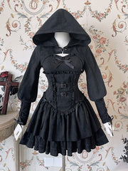 Black Hunter Sweetheart Neck Buckle Straps Basque Waist Tiered Flounce Skirt Jumper Skirt / JSK Bloomers Bolero Set