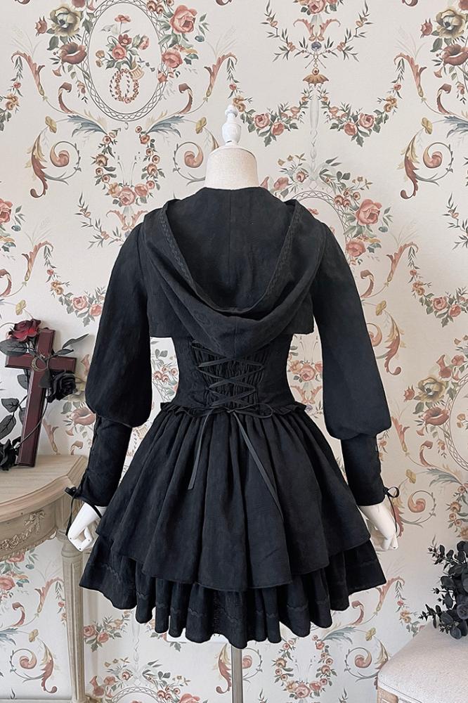 Black Hunter Sweetheart Neck Buckle Straps Basque Waist Tiered Flounce Skirt Jumper Skirt / JSK Bloomers Bolero Set