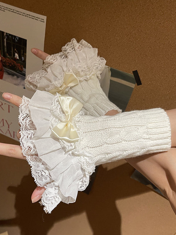 Bow Layered Lace Ruffled Cuff Knitted Wrist Cuffs White/Black/Pink