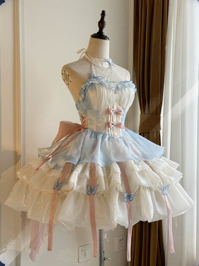 Beige and Blue Jumper Skirt Butterfly Princess Dress Puff Skirt Illusion/Sweetheart Neckline