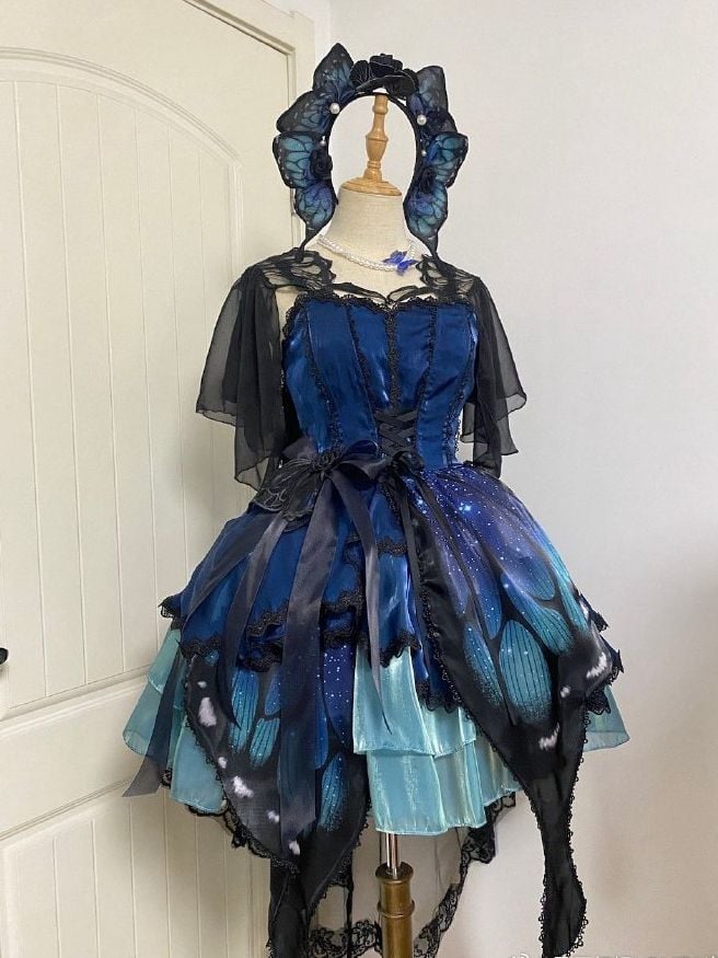 Blue-Green Butterfly Jumper Skirt Full Set Gothic Princess Dress with Butterfly Train