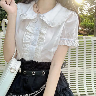 Samafun® Doll Collar Shirt Sweet Small White Shirt Summer New Foreign Lace Short-Sleeved Blouse Female