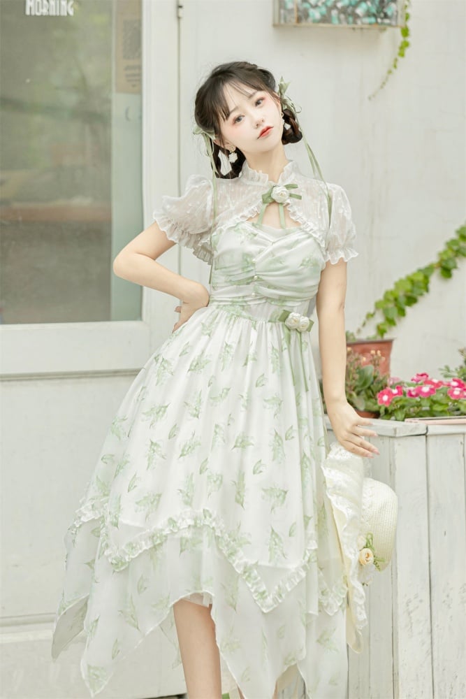 Clearance-Size L for Bust 90-104cm Light Green Lily of the Valley Print Handkerchief Hem Dress + Bolero