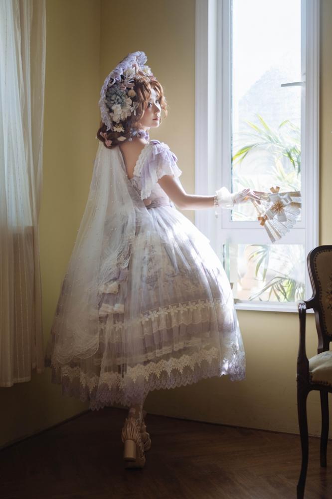 In Stock Key to the Fairyland Hime Lolita Dress Purple Flowy Short Lace Sleeves Lolita Dress Full Set