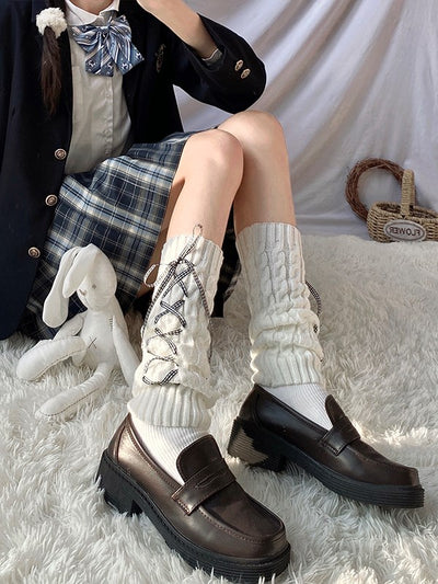 White JK Lace-up Knitted Lolita Leg Warmers