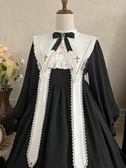 Black and White Cross Embroidery Pointed Collar with Straps One Piece Nun Lolita Costume