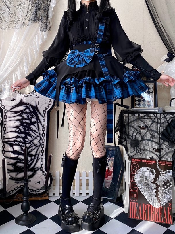 Black and Blue Plaid Pattern Punk Idol Skirt with Straps