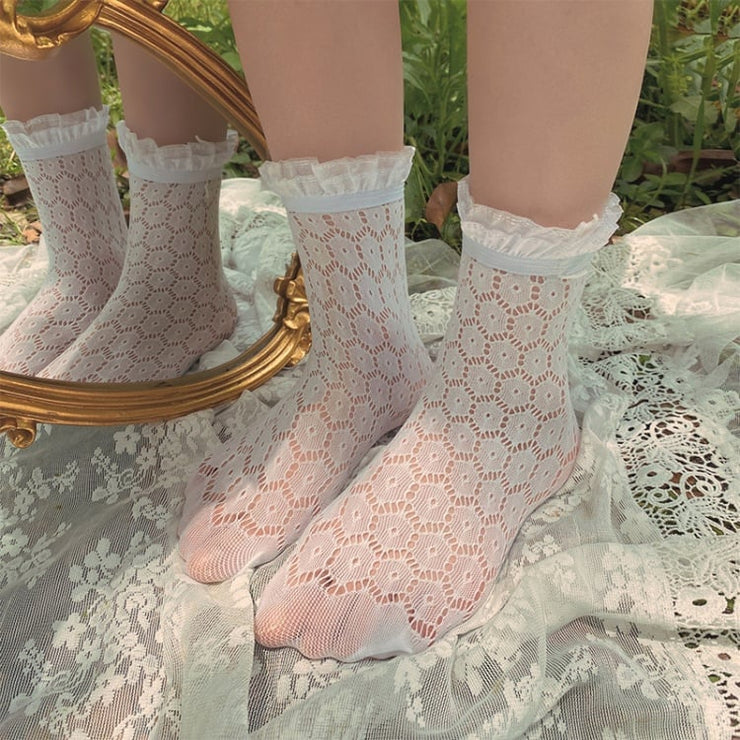 Ruffled Ankle Lace Sun Flower Pattern Lolita Socks