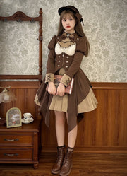 Dark Academia Fashion Brown Dress Two Pieces Set