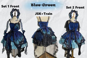 Blue-Green Butterfly Jumper Skirt Full Set Gothic Princess Dress with Butterfly Train