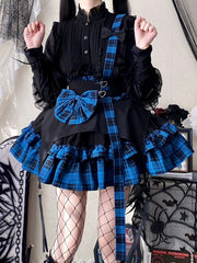 Black and Blue Plaid Pattern Punk Idol Skirt with Straps