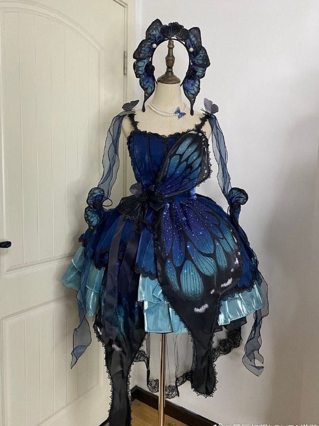 Blue-Green Butterfly Jumper Skirt Full Set Gothic Princess Dress with Butterfly Train