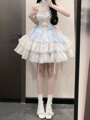 Beige and Blue Jumper Skirt Butterfly Princess Dress Puff Skirt Illusion/Sweetheart Neckline