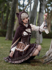 Brown Open Shoulders One Piece + Corset Belt + Cape Steampunk Hunter OP Full Set