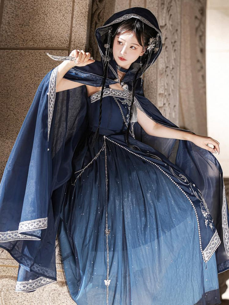 Dreamy Starry Night Dark Blue Butterfly Embroidery Long Dress + Cloak Set with Chains