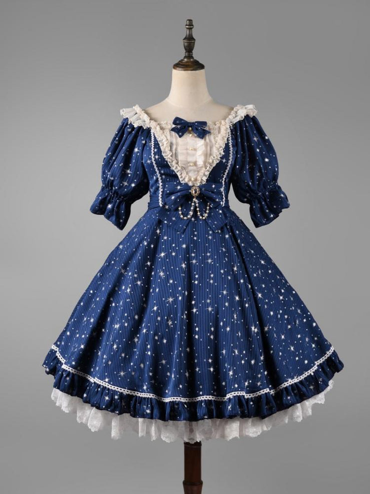 The Midsummer Milky Way Stars Pint Ruffle Design Short Puff Sleeves Lolita OP