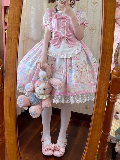 Pink Sweet Bunny and Bear Print Jumper Skirt