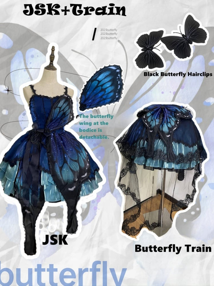 Blue-Green Butterfly Jumper Skirt Full Set Gothic Princess Dress with Butterfly Train