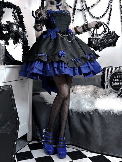Black and Dark Blue Gothic Rosette Dress Basque Waist Jumper Skirt