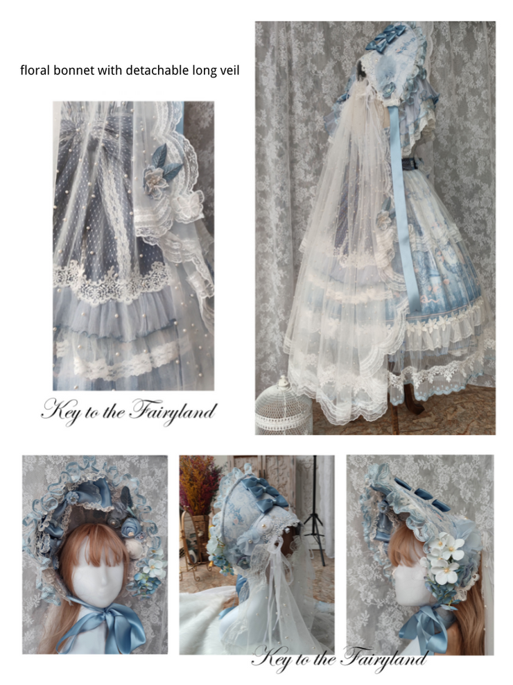 In Stock Key to the Fairyland Hime Lolita Dress Blue Flowy Short Lace Sleeves Lolita Dress Full Set