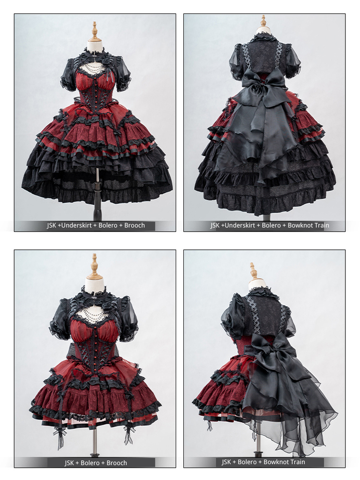 Red and Black Gothic Corset Waist Tiered Skirt Lolita Jumper Skirt Full Set