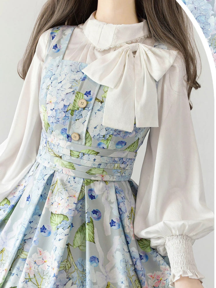 Forest Basket 2.0 Color Blue Blueberry and Hydrangea Print Square Neckline Lolita JSK