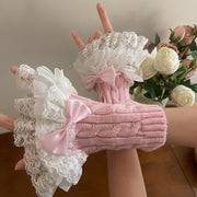 Bow Layered Lace Ruffled Cuff Knitted Wrist Cuffs White/Black/Pink