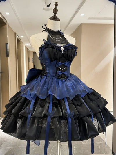 Black and Dark Blue Illusion Neckline Jumper Skirt Butterfly Princess Dress Puff Skirt